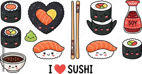 Cuadro en lienzo Cute kawaii sushi characters vector set with smiling cartoon maki rolls nigiri s