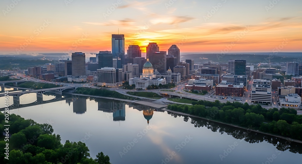 Fototapeta premium Modern City Skyline Reflected in Calm River at Colorful Sunset