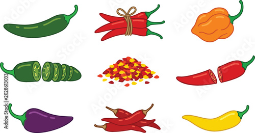 Фотография Collection of spicy chili pepper vector illustrations featuring jalapeno, habane