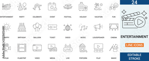 Entertainment line icon set for party and holiday event. Editable vectors for cinema, music festival, and vacation fun