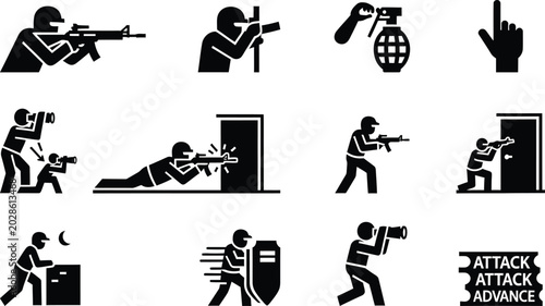 Photography Military operations pictograms black silhouette icons depicting combat tactics a