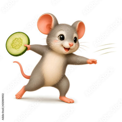 Humorvolle Illustration einer Maus mit einer Gurkenscheibe in dynamischer Bewegung auf hellem Hintergrund. Kreatives und verspieltes Motiv mit frischem Charakter.