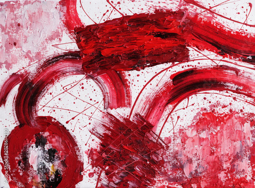 Abstract red acrylic paint on white background. Dynamic brush stroke art texture and passionate splatter.