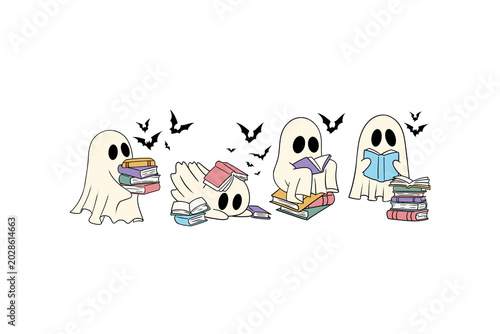 Cute little ghosts reading books library Halloween Sublimation Design