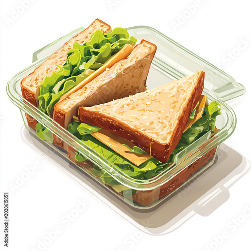 Illustration of fresh sandwiches and salad in transparent plastic containers, viewed from above on a clean white background.