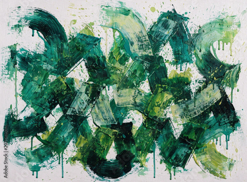Abstract art background with bold green brush strokes and messy ink paint texture. Vivid dynamic acrylic splatter backdrop. Vector illustration.
