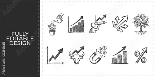 Tableau sur toile Hand drawn business success and strategic growth icons with charts graphs and bu