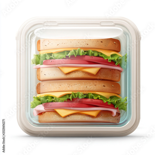 Illustration of fresh sandwiches and salad in transparent plastic containers, viewed from above on a clean white background.