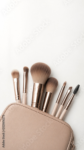 Cosmetic Brush Collection: A chic beige makeup bag overflows with a curated set of professional makeup brushes, their soft bristles and rose-gold handles gleaming, ready for artistic application.