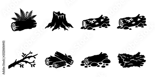 Fotografi Wood Elements Collection: Logs, Stumps, Branches, and Firewood Icons for Forest,