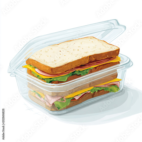 Illustration of fresh sandwiches and salad in transparent plastic containers, viewed from above on a clean white background.