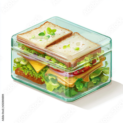 Illustration of fresh sandwiches and salad in transparent plastic containers, viewed from above on a clean white background.