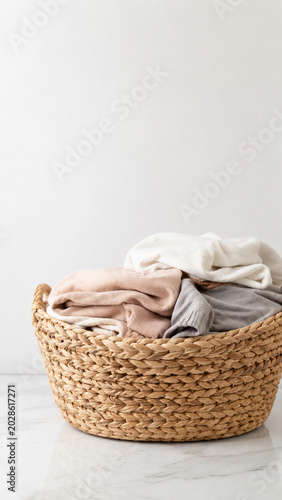 Woven Basket of Soft Linens: A rustic woven basket overflows with neatly folded soft-colored linens, resting on a marbled surface against a clean, minimalist background.