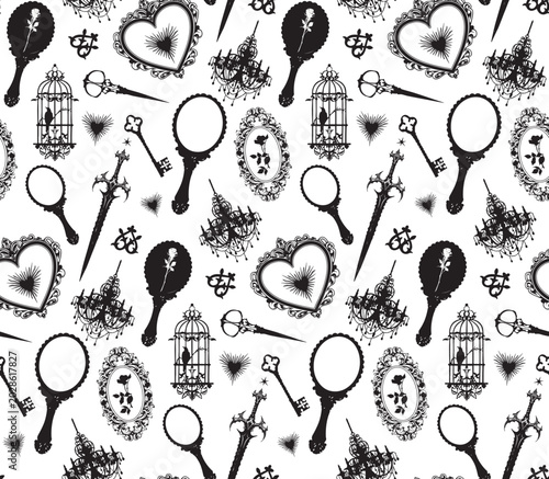 Gothic Coquette Seamless Pattern with Mirrors and Hearts