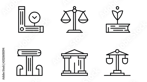 Photos Black and white line icons of law and justice symbols and buildings on white bac