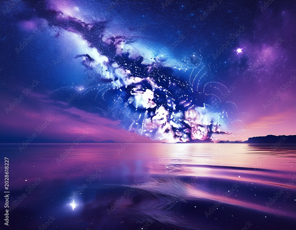 Fototapeta premium lilac blue starry night at sea water wave reflection nebula milky way space