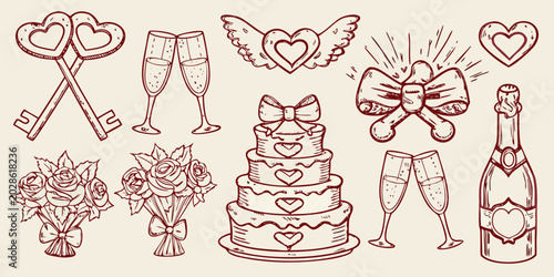 hand drawn wedding elements collection sketch style