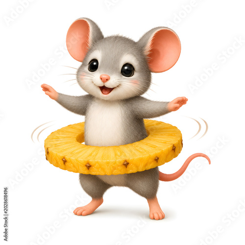 Humorvolle Illustration einer Maus mit einem Ananasring um die Taille auf hellem Hintergrund. Kreatives und verspieltes Motiv mit tropischem Flair.