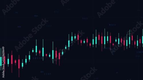 Candlestick Chart Analysis: A dynamic candlestick chart visualizes stock market trends, displaying price movements with red and green indicators against a dark backdrop.
