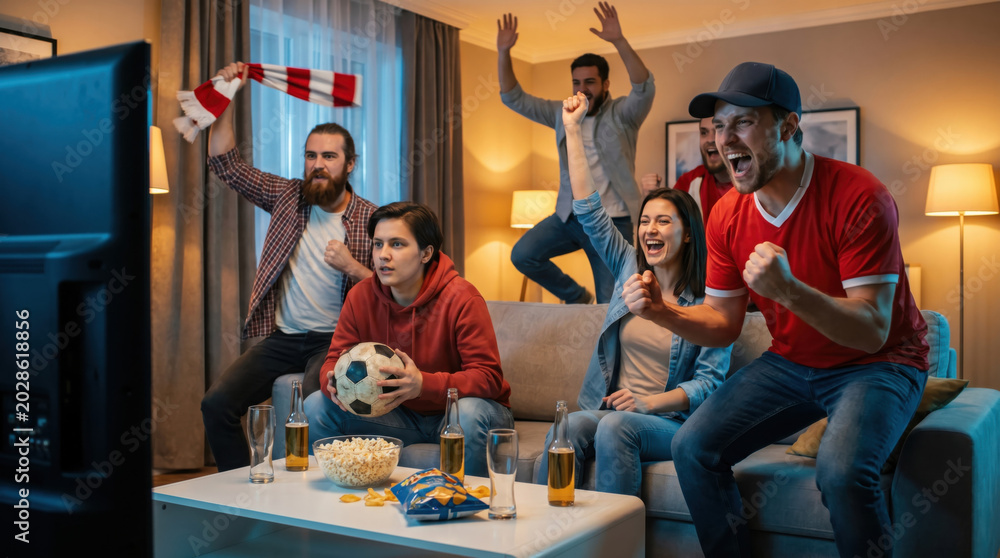 Fototapeta premium Excited group of friends cheering during intense football match broadcast in cozy living room, passionate soccer fans celebrating championship moment with snacks, drinks and festive sports atmosphere