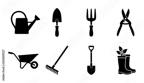 Konstfotografi Gardening Tools Vector Icons Set, Black Silhouette Collection for Horticulture a