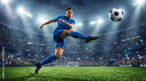 Football World Cup 2026 professional soccer player performing powerful airborne kick inside illuminated stadium, dynamic sports action scene with championship energy and cheering crowd