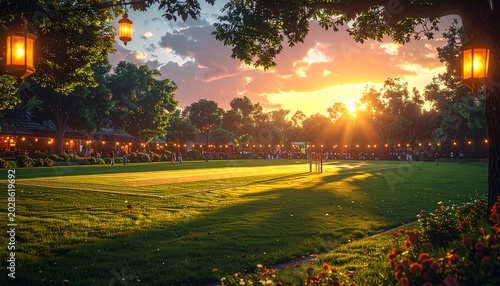 Cricket match on village green at sunset with lanterns and golden light