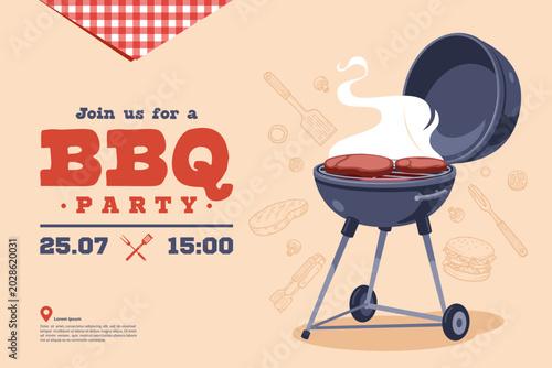 Summer BBQ party invitation poster with illustration of round charcoal grill, smoke, picnic elements and retro typography. Ideal for barbecue events, food festivals, outdoor parties, restaurant promo.