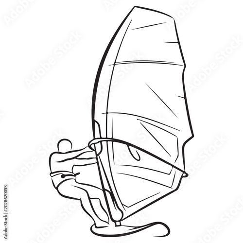 Windsurfer vector illustration with athlete holding sail on board for water sports and summer recreation