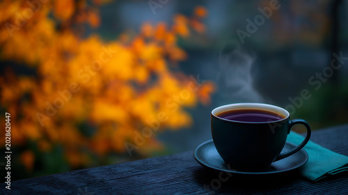 A steaming coffee cup sits on a balcony overlooking a city in autumn. 