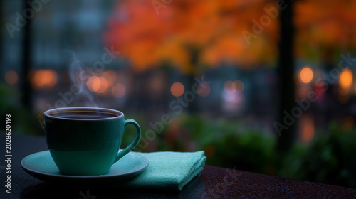 A steaming coffee cup sits on a balcony overlooking a city in autumn. 