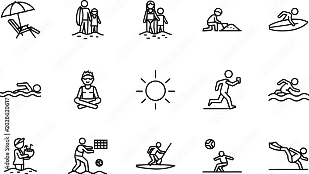 Obraz premium Beach activities icon set summer vacation water sports leisure and relaxation silhouette illustrations