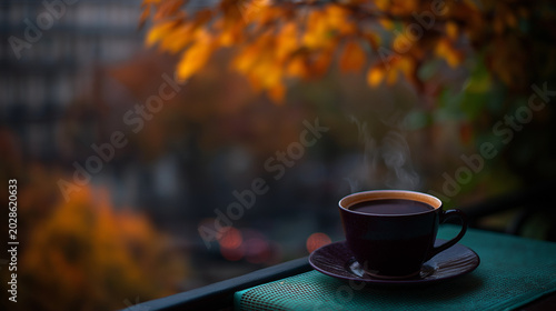 A steaming coffee cup sits on a balcony overlooking a city in autumn. 