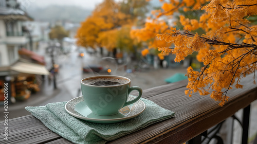 A steaming coffee cup sits on a balcony overlooking a city in autumn. 