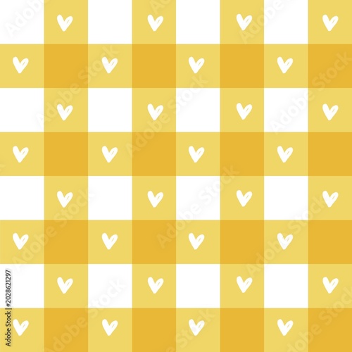 Seamless yellow and white gingham check pattern adorned with small white hearts.