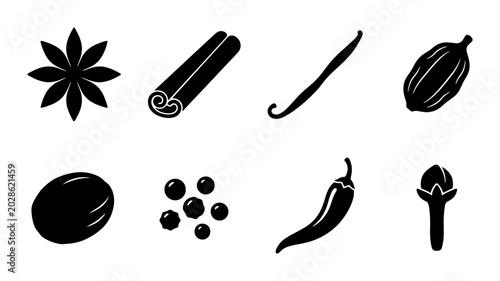 Foto Spice Icons Collection: Star Anise, Cinnamon, Vanilla, Cardamom, Nutmeg, Pepperc