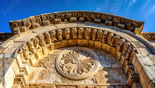 Intricate Romanesque stone tympanum carving with abstract biblical motif in heritage architecture detail