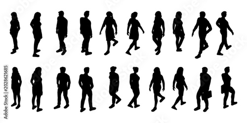 Obraz na płótnie set of isometric people walking and standing silhouette set for architectural assets, lifestyle of citizen