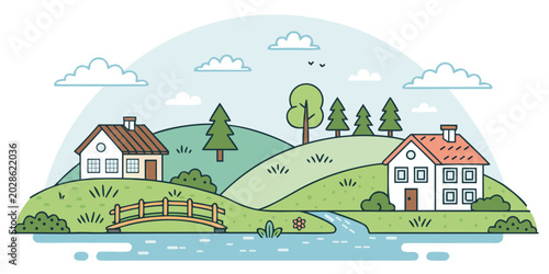 Cute village landscape illustration, tiny houses, green grass field, river and wooden bridge, flat minimalist vector design