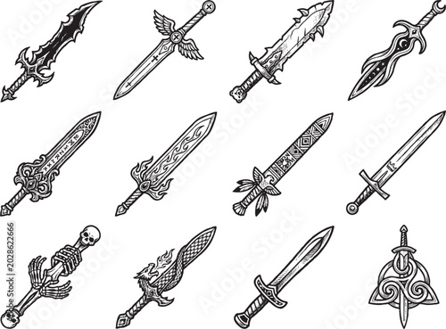 Medieval Sword and Dagger Set Vintage Engraving Vector, Knight Longsword Collection Isolated White Background, Historical Blade Illustration for Tattoo Game Design and Book Cover