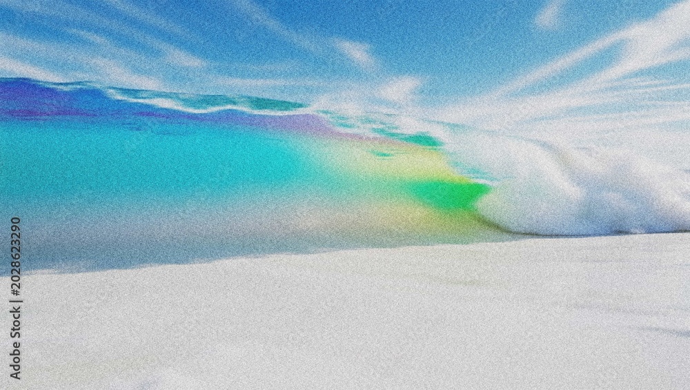 Fototapeta premium Vibrant ocean wave illustration, colorful rainbow light refraction through clear blue water, serene tropical beach scene, summer vacation backdrop 4K grainy texture Background