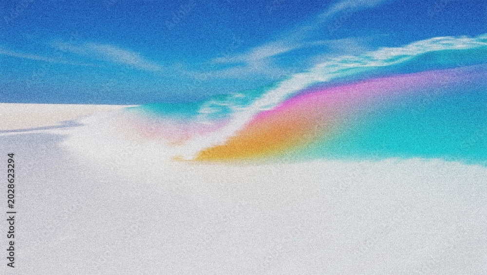 Fototapeta premium Vibrant rainbow wave illustration, colorful ocean surf breaking on a pristine white sandy beach, idyllic summer vacation scene, tropical paradise background 4K grainy texture Background