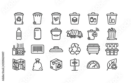 Waste Sorting Lines. Line icon set of waste bins and collection types: recycling bin, general waste bin, organic bin, paper bin, metal bin, glass bin, plastic bottle, aluminum can, compost pail,