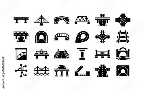 Infrastructure Crossing Set. Solid glyph icon set of bridge and transport links: beam bridge, cable stayed bridge, stone arch, steel truss, flyover, road interchange, rail overpass, tunnel tube,