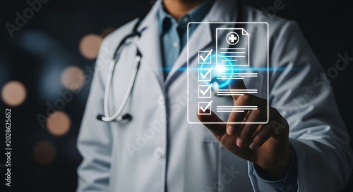 Doctor interacting with digital medical record checklist on screen healthcare technology