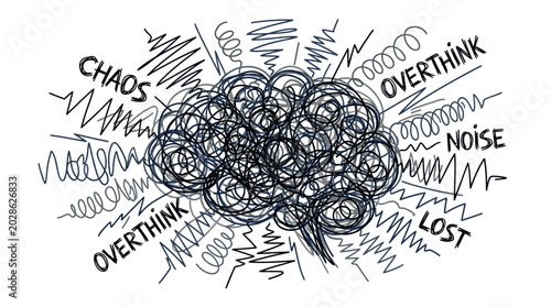 Abstract visualization of an overwhelmed mind, illustrating the chaotic thought processes, mental stress, and anxiety with intricate scribble lines