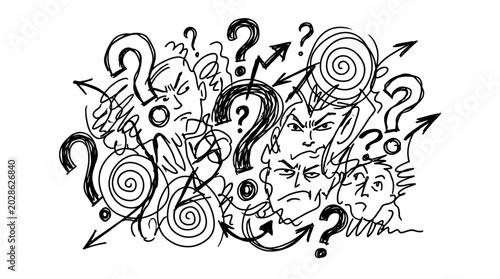 Confused faces with question marks and arrows, symbolizing a chaotic and undecided thought process
