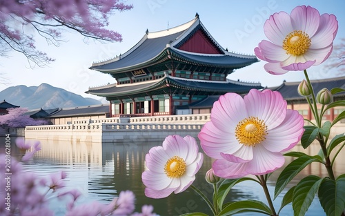 Traditional Asian temple with spring garden and peaceful park landscape