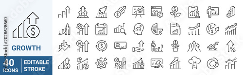Set of 40 outline icons related to Growth. Linear icon collection. Editable stroke. Vector illustration