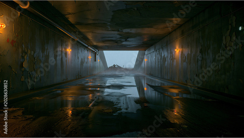 Obraz na płótnie Empty dark tunnel passage with wet floor and orange safety lighting, low light